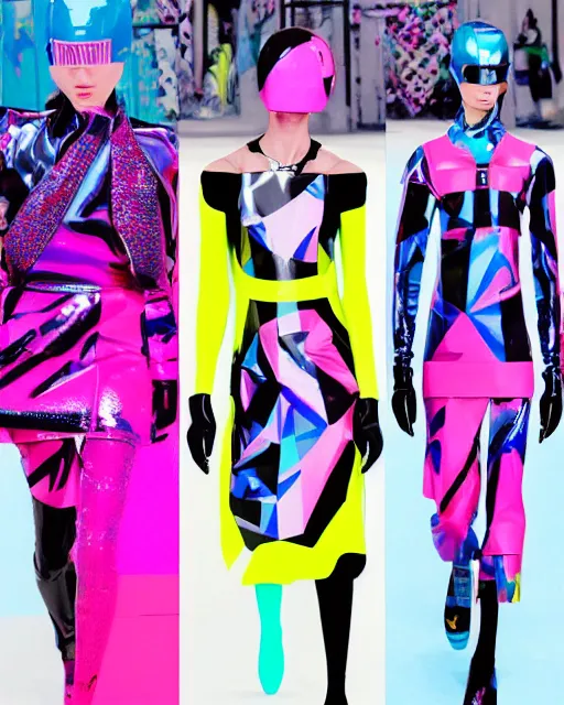 Image similar to a leaked screenshot of Balenciaga's fall 2049 campaign, prismatic, dazzle camouflage!, dayglo pink, dayglo blue, Bladerunner, cyberpunk