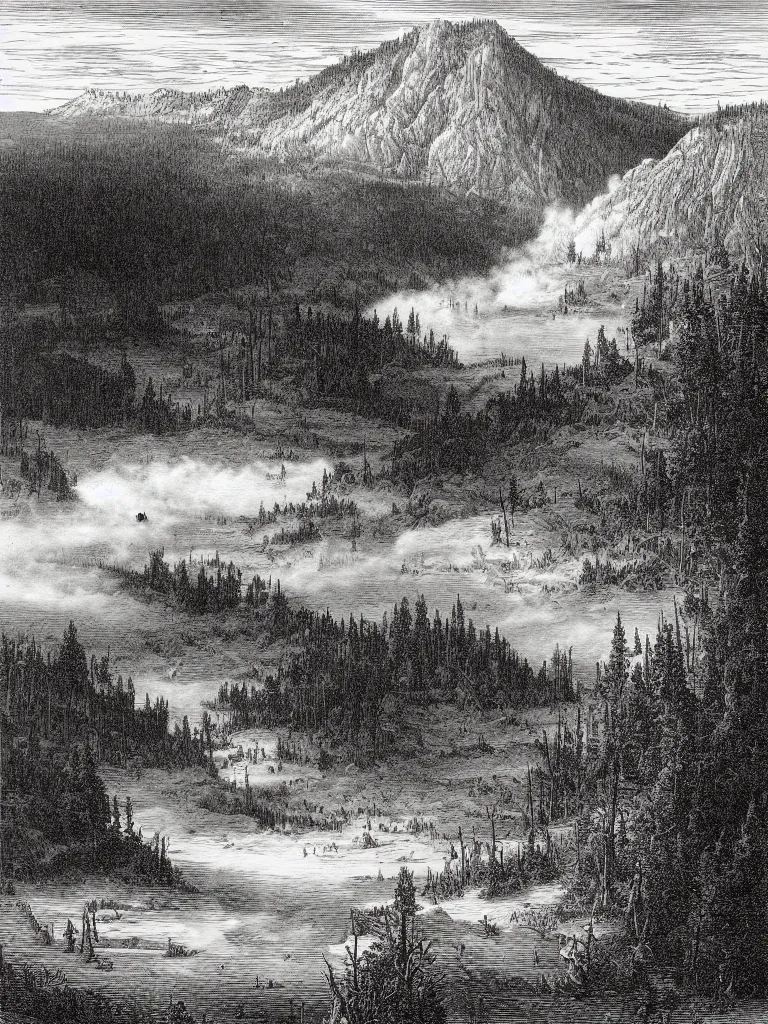 Image similar to an engraving of yellowstone national park by gustave dore and albrecht durer highly detailed, fog, depth, lithograph engraving, storybook illustration