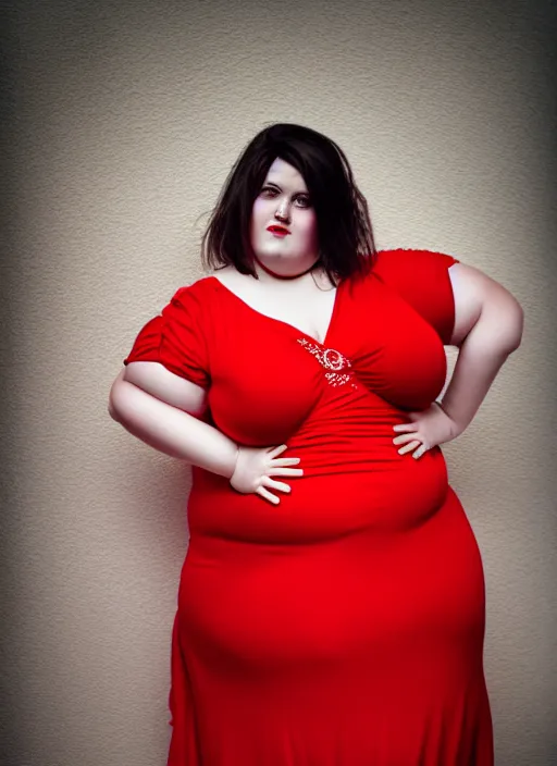 Prompt: photo europian beautiful fat women with simmetrical beautiful face dressed in a red dress dansing, anatomically correct, full shot, kodak, sinematic lighting, intricate, elegant