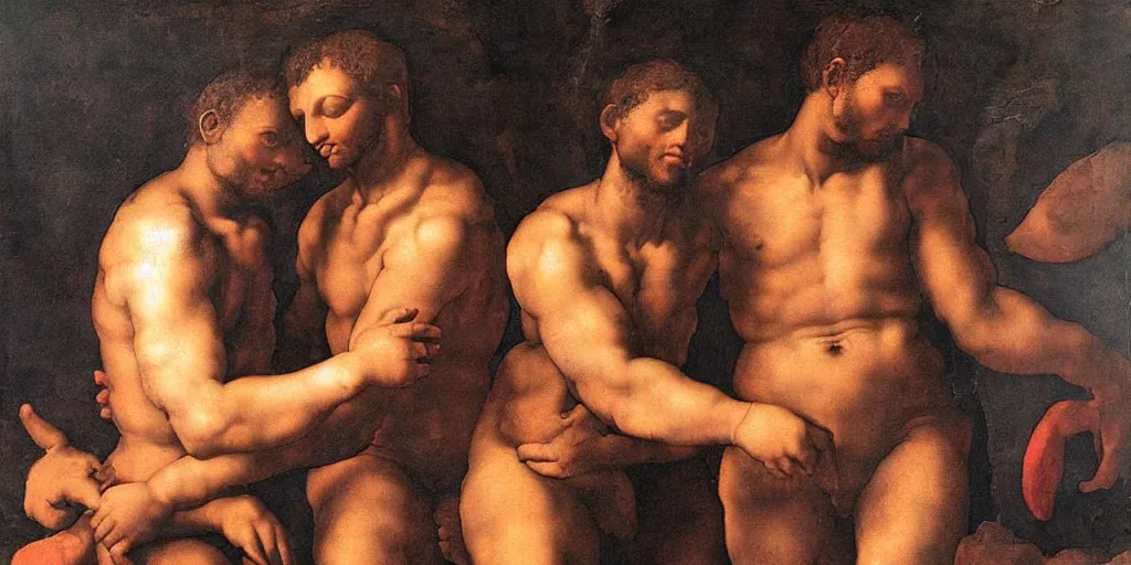Prompt: Michelangelo painting of an African man holding hands with an Italian man