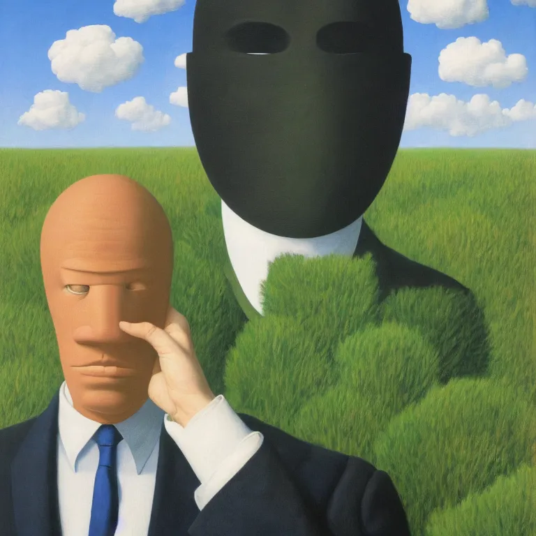 Image similar to portrait of a faceless masked - head man in a suit, clouds and nature landscape in the background, by rene magritte, detailed painting, distance, centered, hd, hq, high resolution, high detail, 4 k, 8 k