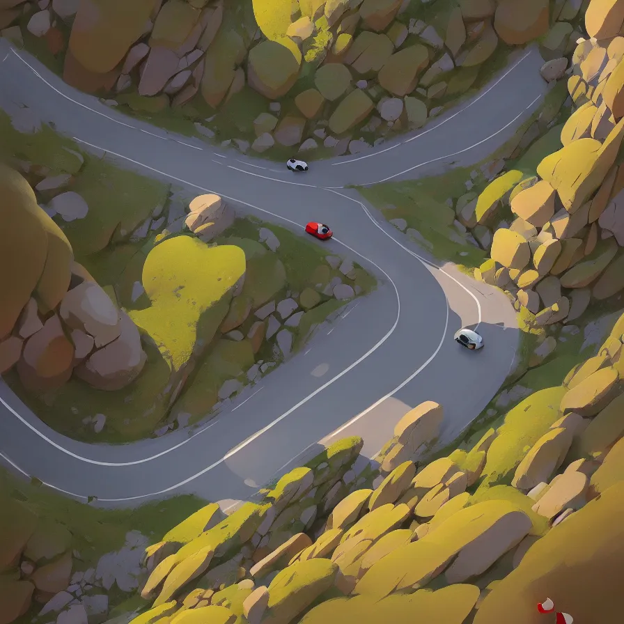 Image similar to Goro Fujita illustrating View from above of a mountain road descending in curves, art by Goro Fujita, concept art, sharp focus, ArtStation