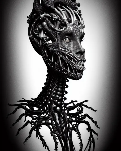 Image similar to a black and white high quality photo of a young beautiful female queen-dragon-cyborg bust with a very long neck and Mandelbrot fractal face, Mandelbrot fractal skin, flesh, anatomical, facial muscles, veins, arteries, elegant, highly detailed, flesh highly baroque ornate, hair are wired cables, elegant, high fashion, rim light, octane render, in the style of Diane Arbus, Realistic, Refined, Digital Art, Highly Detailed, Cinematic Lighting, rim light, black and white, photo-realistic, 8K