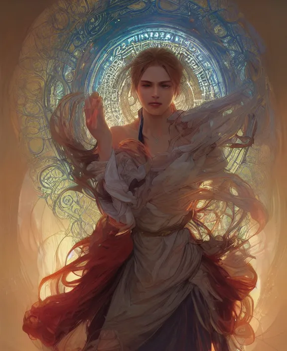 Image similar to a whirlwind of souls ushing inside the metaverse, half body, glowin eyes, d d, fantasy, intricate, elegant, highly detailed, colorful, vivid color, digital painting, artstation, concept art, art by artgerm and greg rutkowski and alphonse mucha and ruan jia