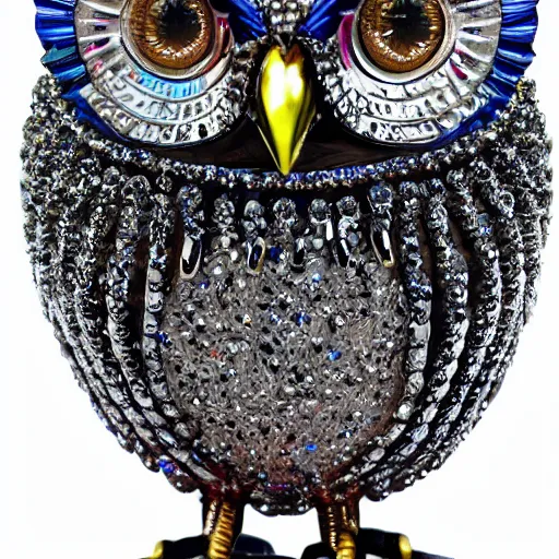 Image similar to bejewelled metal owl, highly detailed, 4k, HDR, smooth, sharp focus, hyper realistic, high resolution