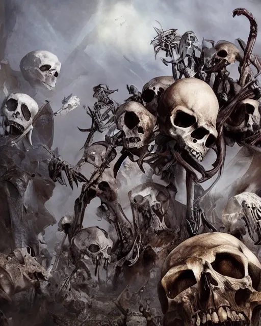 Prompt: an epic action concept masterpiece of a bone yard full of skeletons, inspired by sd ai. horrific digital art