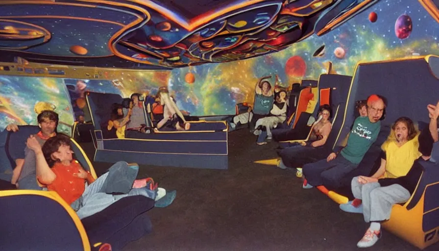 Image similar to 1990s photo of inside the Space Sofa ride at Universal Studios in Orlando, Florida, riding the flying sofa through space , cinematic, UHD