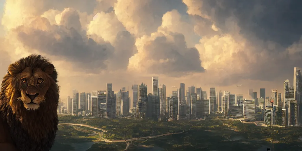 Image similar to Singapore city with a lion-shaped cloud in the sky, by greg rutkowski, red and white lighting, digital art, ultra realistic, ultra detailed, photorealistic, 4k, character concept