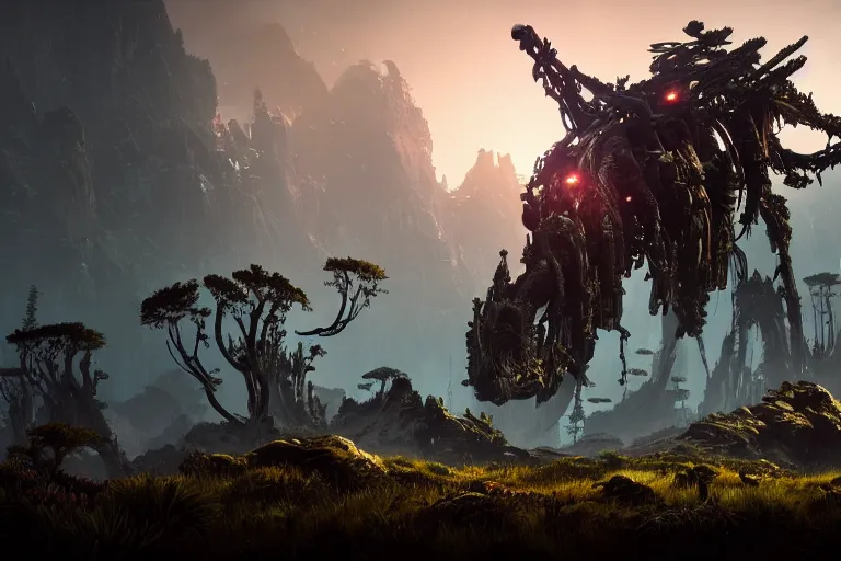 Image similar to wide epic shot from horizon forbidden west. a hyper detailed organic mechanic creatuve realistic similar look as horizon forbidden west horizon zero dawn, bioluminiscence in a dark deep forest at dawn in spring, with reflection and textures, by kilian eng, substance painter reaslitic mech surface metal painted scratches, world env from horizon forbidden west horizon zero dawn