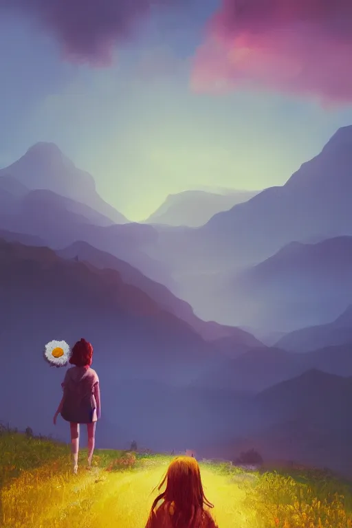 Image similar to giant daisy flower head, girl walking in the mountains, surreal photography, sunrise, dramatic light, impressionist painting, colorful clouds, digital painting, artstation, simon stalenhag