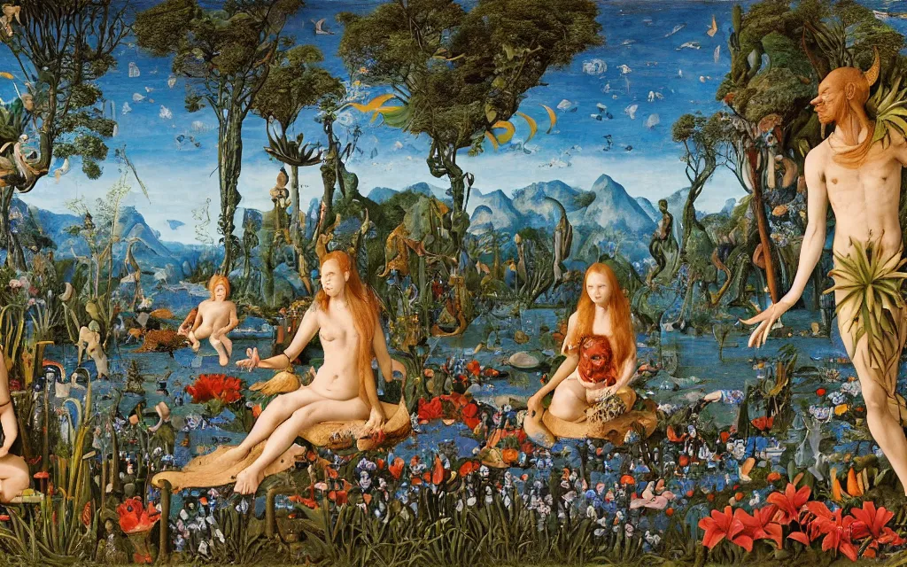 Image similar to a portrait photograph of a meditating mermaid werewolf and a centaur prince feeding tropical animals at a wide river delta. surrounded by bulbous flowers, animals, trees and fish. mountain range under a vast blue sky of burning stars. painted by jan van eyck, max ernst, ernst haeckel, cgsociety, artstation, fashion editorial