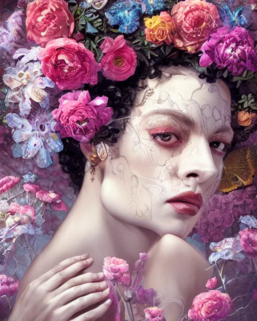 Image similar to portrait of the mulatto queen of the underworld, surrounded by flowers by karol bak, james jean, tom bagshaw, rococo, sharp focus, trending on artstation, cinematic lighting, hyper realism, octane render, 8 k, hyper detailed.