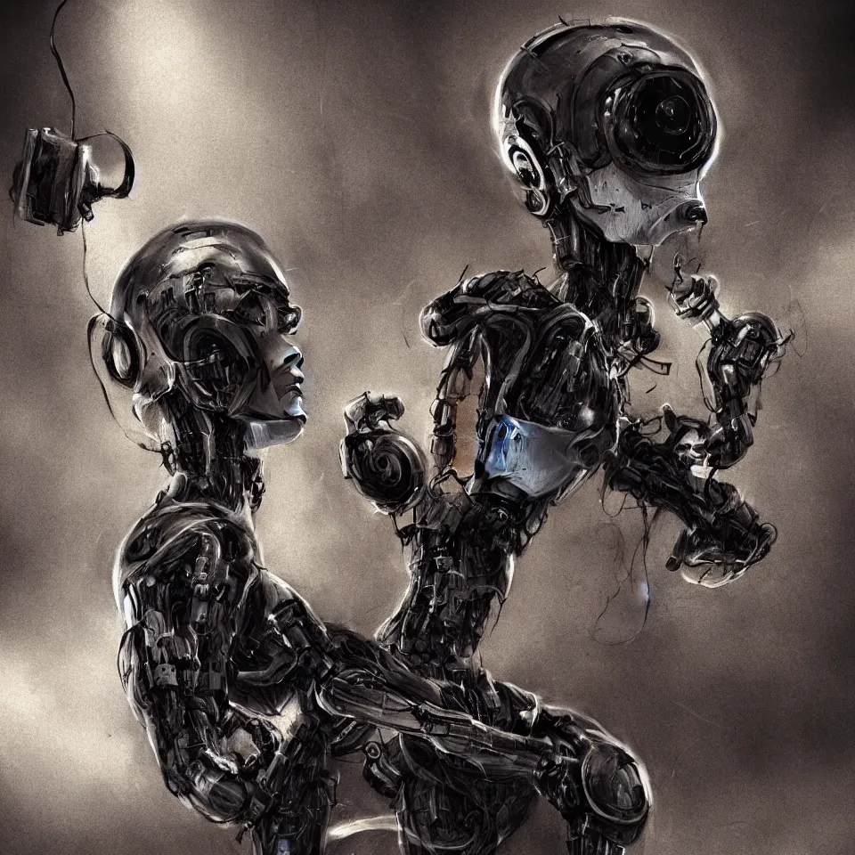 Prompt: robot with a headphone by ben templesmith, dynamic lighting, cinematic, epic composition, masterpiece