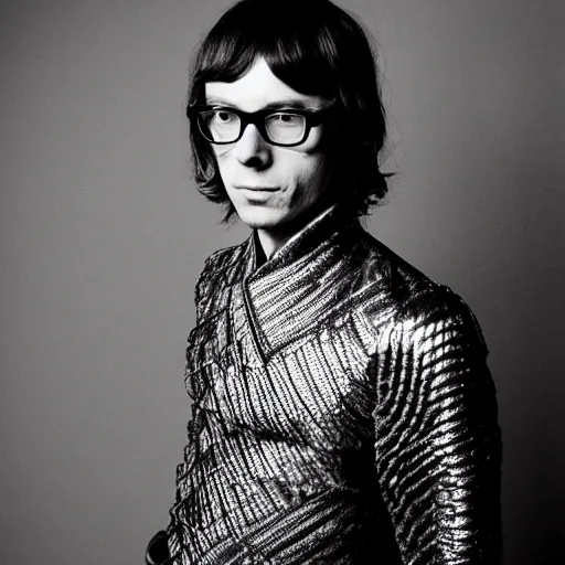 Prompt: Young Jarvis Cocker wearing Mongolian armor, 35mm film, by Hedi Slimane