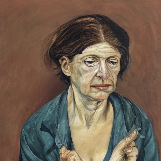 Image similar to Oil painting Portrait of a sad Woman, by Lucian Freud, Abstract brush strokes, Masterpiece