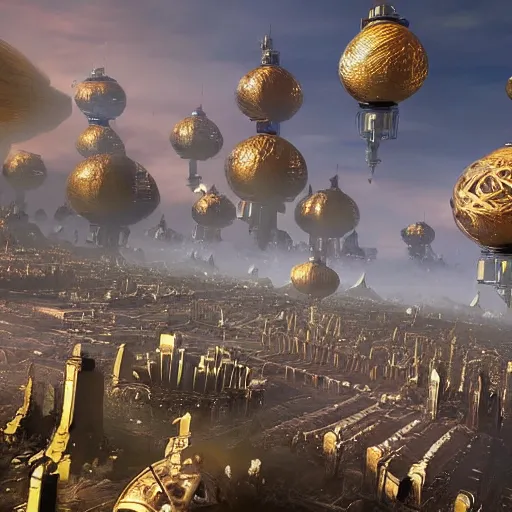 Image similar to enormous flying city in a faberge egg, sky, steampunk, fantasy art, masterpiece, unreal engine