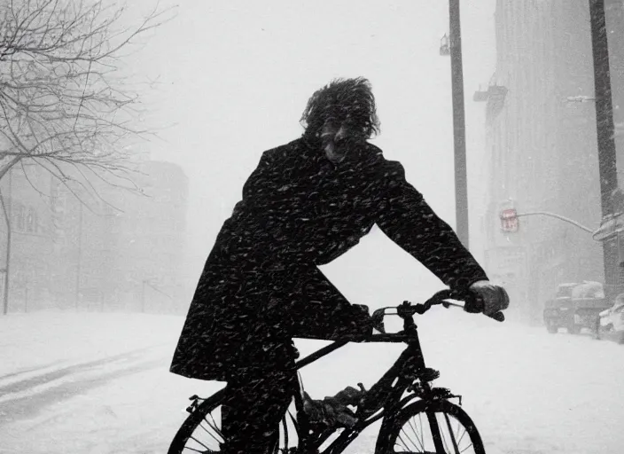 Image similar to A very high resolution image from a new movie, a clown riding a bike in a blizzard in New York City, Polaroid, directed by Steven Spielberg