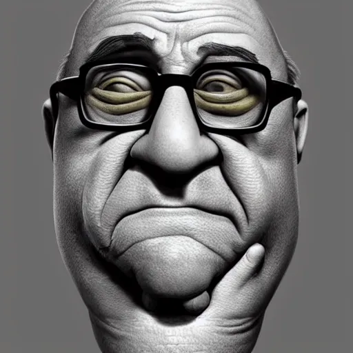 Prompt: hyperrealistic mixed media realistic sculpture of danny devito, stunning 3 d render inspired art by xiang duan and thomas eakes, perfect facial symmetry, hyper realistic texture, realistic, highly detailed attributes and atmosphere, dim volumetric cinematic lighting, 8 k octane detailed render, post - processing, masterpiece,