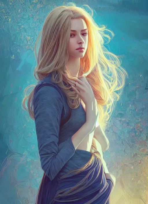 Image similar to handsome young women with shoulder length blonde hair, half body shot, path traced, highly detailed, high quality, digital painting, alena aenami, lilia alvarado, shinji aramaki, karol bak, alphonse mucha, tom bagshaw