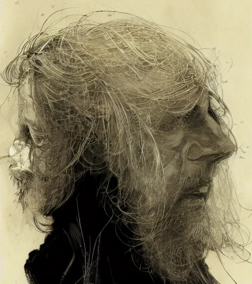 Image similar to portrait of man with long blond hair tied up wearing black robes, pen and ink, intricate line drawings, by craig mullins, ruan jia, kentaro miura, greg rutkowski, loundraw