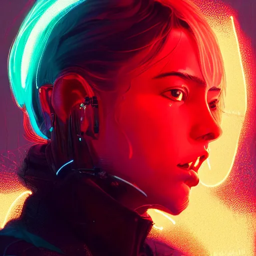 Prompt: detailed side profile portrait Neon Girl, cyberpunk futuristic neon, reflective puffy coat, by Ismail inceoglu dragan bibin hans thoma greg rutkowski Alexandros Pyromallis Nekro Rene Maritte Illustrated, Perfect face, fine details, realistic shaded, fine-face, pretty face, 8k, UHD, ray tracing