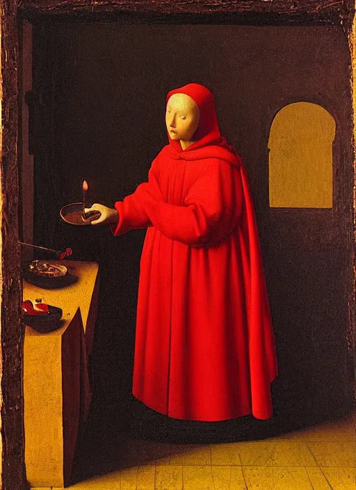 Image similar to red candle, medieval painting by jan van eyck, johannes vermeer, florence