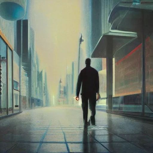 Image similar to a surreal pastel painting with a tilt - shift effect of a man walking through a science fiction - based city, dramatic lighting, depth of field, dreamy