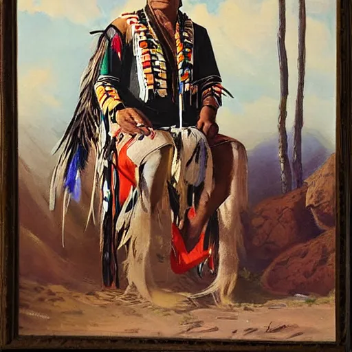 Image similar to a painting of a native american chief selling his bitcoin, in traditional dress, by atrgerm