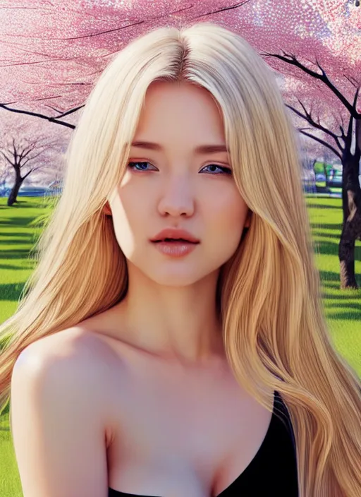 Image similar to photo of a gorgeous blonde female in the style of stefan kostic, realistic, half body shot, sharp focus, 8 k high definition, insanely detailed, intricate, elegant, art by stanley lau and artgerm, extreme blur cherry blossoms background