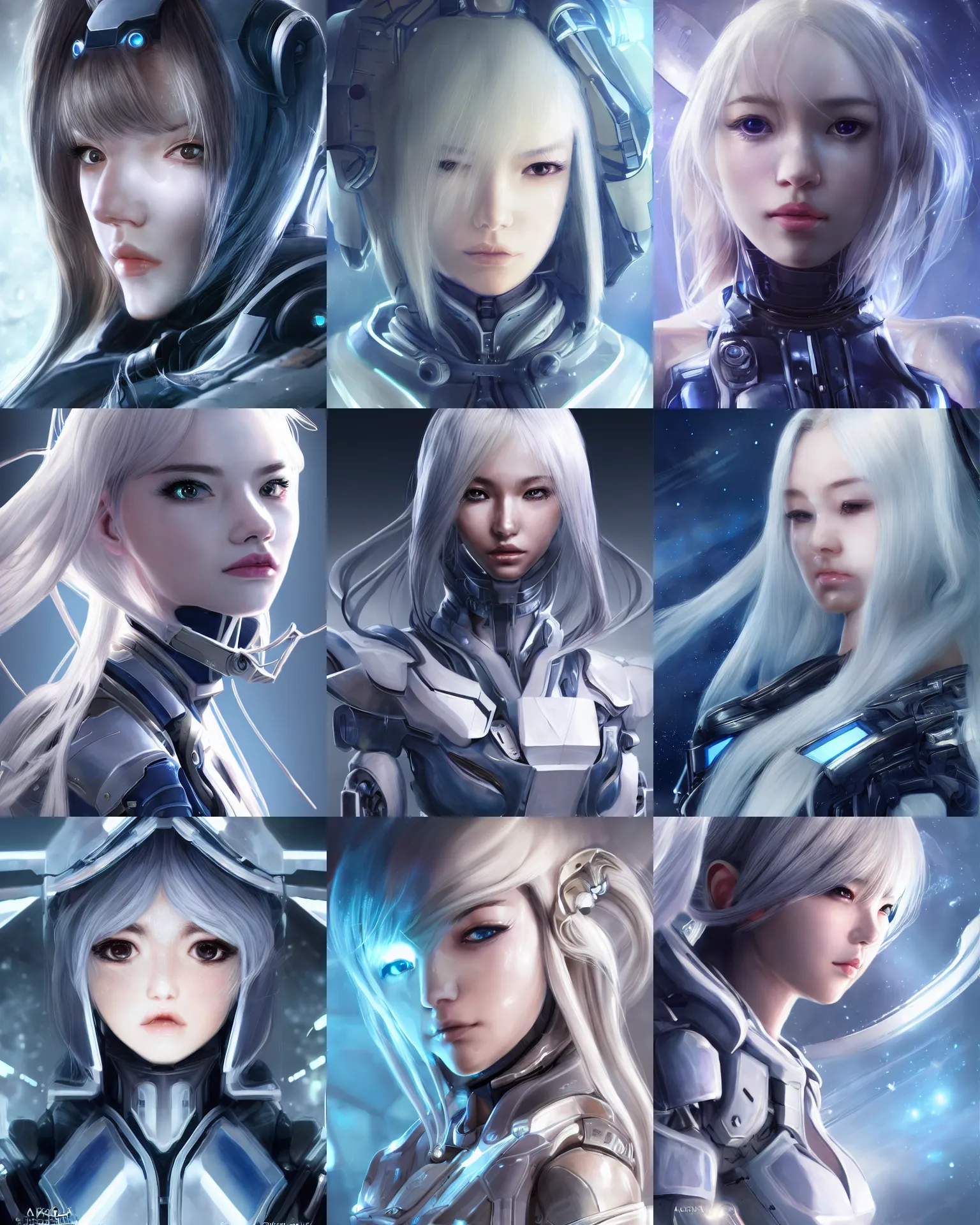 Image similar to detailed portrait of perfect android girl, warframe armor, beautiful face, scifi, futuristic, space station, laboratory, song hye - kyo, dreamy, long white hair, blue cyborg eyes, cinematic lighting, innocent, highly detailed, sharp focus, smooth, artstation, intricate, award winning, pure aura, divine, by akihiko yoshida