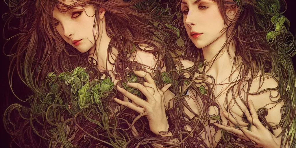 Image similar to scary plant vampires by artgerm, intense lighting, light beams, lens flare, intricate tendrils by alphonse mucha, elegant, nightmare, highly detailed, digital painting, artstation, concept art, smooth, sharp focus, illustration, art by serpentigena and alphonse mucha