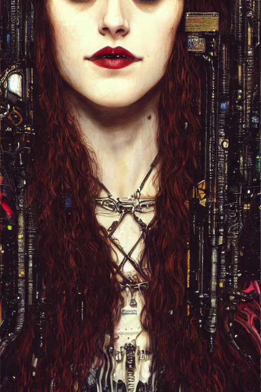 Prompt: portrait of beautiful gothic Alexandra Daddario, cyberpunk, Warhammer, highly detailed, artstation, illustration, art by Gustav Klimt