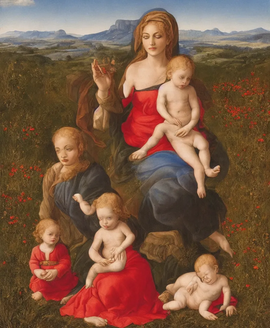 Image similar to Detailed Portrait of Madonna, with infant Jesus and another boy playin in front of her in the style of Raffael. Red hair. They are sitting in a dried out meadow near in Tuscany, red poppy in the field. On the horizon there is a blue lake with a town and blue mountains. Flat perspective.