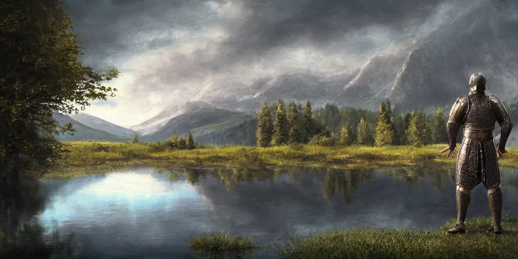 Prompt: beautiful landscape of small lake at midday with distant mountains and close - up of a symmetric detailed man in realistic detailed medieval armor facing off against a monster, ultra realistic, epic, highly detailed, hd, sharp focus, cinematic lighting, realistic, vivid colors, gritty, matt painting, digital art, non blurry, sharp, artstation, concept art, smooth, illustration