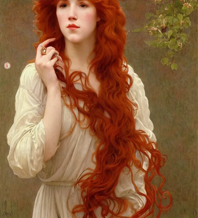 Prompt: intricate art nouveau portrait of redheaded young molly ringwald with long red hair blowing in the wind, mouth open, wearing a thin white dress, in front of a carved screen, elegant, digital painting, smooth, sharp focus, illustration, ultra realistic, 8 k, by bouguereau, alphonse mucha, artgerm, and donato giancola