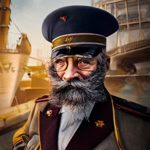 Image similar to a old man in officer suit of russian empire, gray hair and beard, giant yellow dieselpunk ship on background, colored, photorealistic, high detailed, smooth, sharp focus, real life photo, face details, highfleet, 4 k