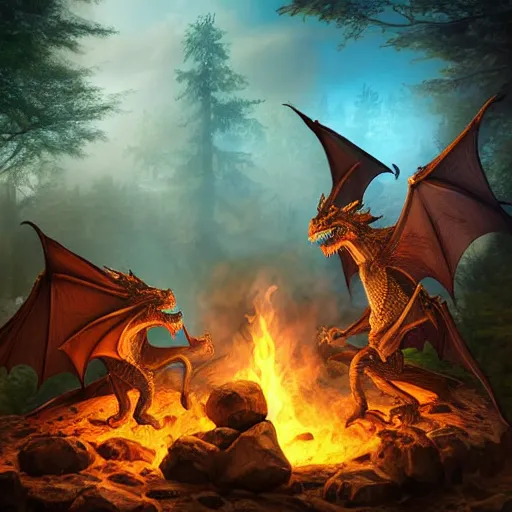 Image similar to power metal album cover, dragons bbq near campfire, fire, magic, fantasy epic legends game icon stylized digital illustration radiating a glowing aura global illumination ray tracing hdr fanart arstation by ian pesty and katarzyna da „ bek - chmiel