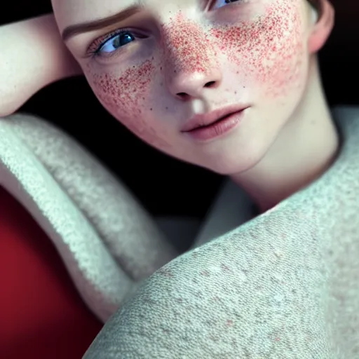 Prompt: portrait of a cute thin young woman, red blush, cute freckles wearing casual clothes, small smile, relaxing on a couch, cozy under a blanket, cozy living room, close up shot, 8 k, octane render, trending on artstation, art by artgerm and irakli nadar,, hyperrealism, hyperdetailed, ultra realistic