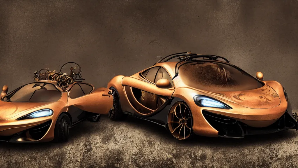 Image similar to soft bokeh front shot photo of a mclaren steampunk concept car, cinematic, fine details, symmetrical, 4 k, digital art, wallpaper