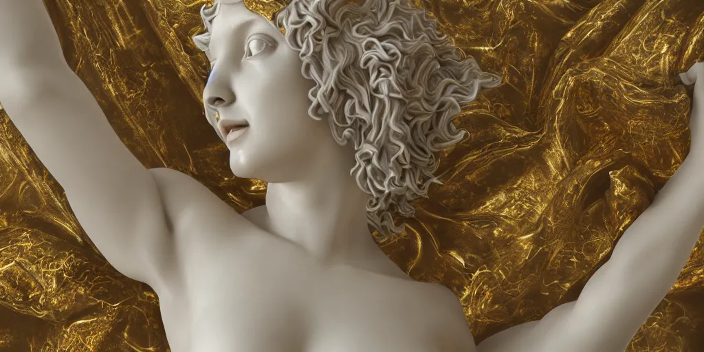 Image similar to baroque delicate full-body marble sculpture of hyper realistic brushstrokes, gold silk flowing fabric, Trending on artstation, octane render, cinematic, hyper realism, octane render, 8k, depth of field