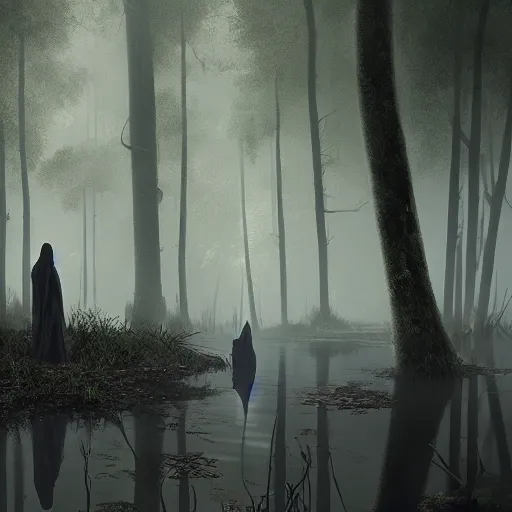 Image similar to the grim reaper in a swamp, 8 k, shallow depth of field, deviant art, greg rutkowski, moody lighting, ultra high detail, concept art,