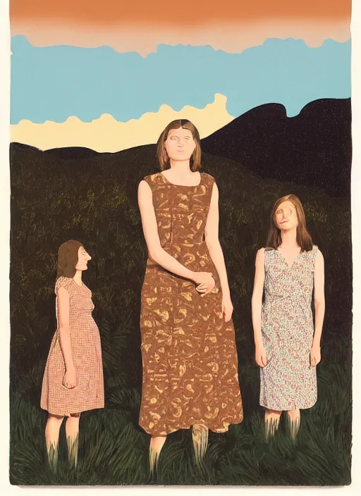 Prompt: composition by justine kurland, a zoomed out portrait of 3 beautiful tan skinned light brown hair girls in different pattern dresses in a scenic representation of mother nature and the meaning of life by billy childish, thick visible brush strokes, shadowy landscape painting in the background by beal gifford, vintage postcard illustration, minimalist cover art by mitchell hooks