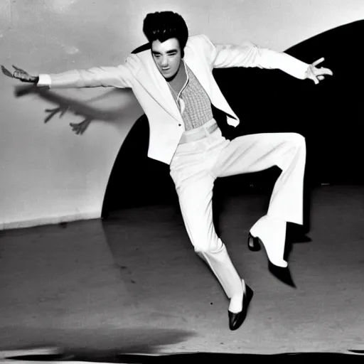 Image similar to black and white photograph of elvis dancing, in an alien spaceship