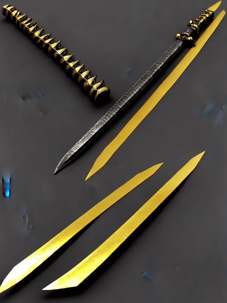 Image similar to magic long sword, proportional image, runed, black background, 3 d octane render, blade, sharp, gold, gems, cryptoblades