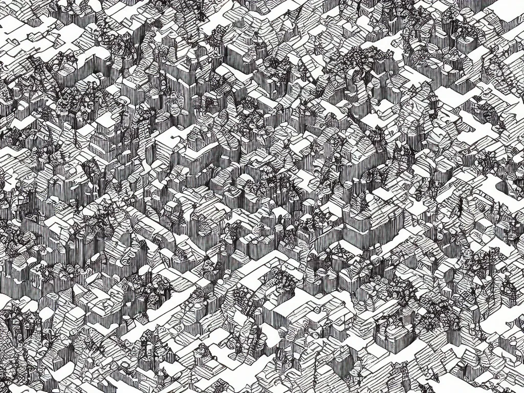 Prompt: Beautiful isometric print of a Minecraft Block Lego Brick Mountain landscape in the style of Albrecht Durer and Martin Schongauer and Alphonse Mucha, high contrast!! finely carved woodcut engraving black and white crisp edges