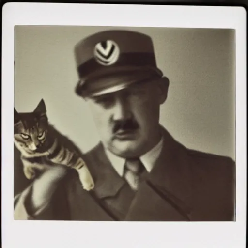 Image similar to polaroid of hitler holding a cat, dramatic backlighting