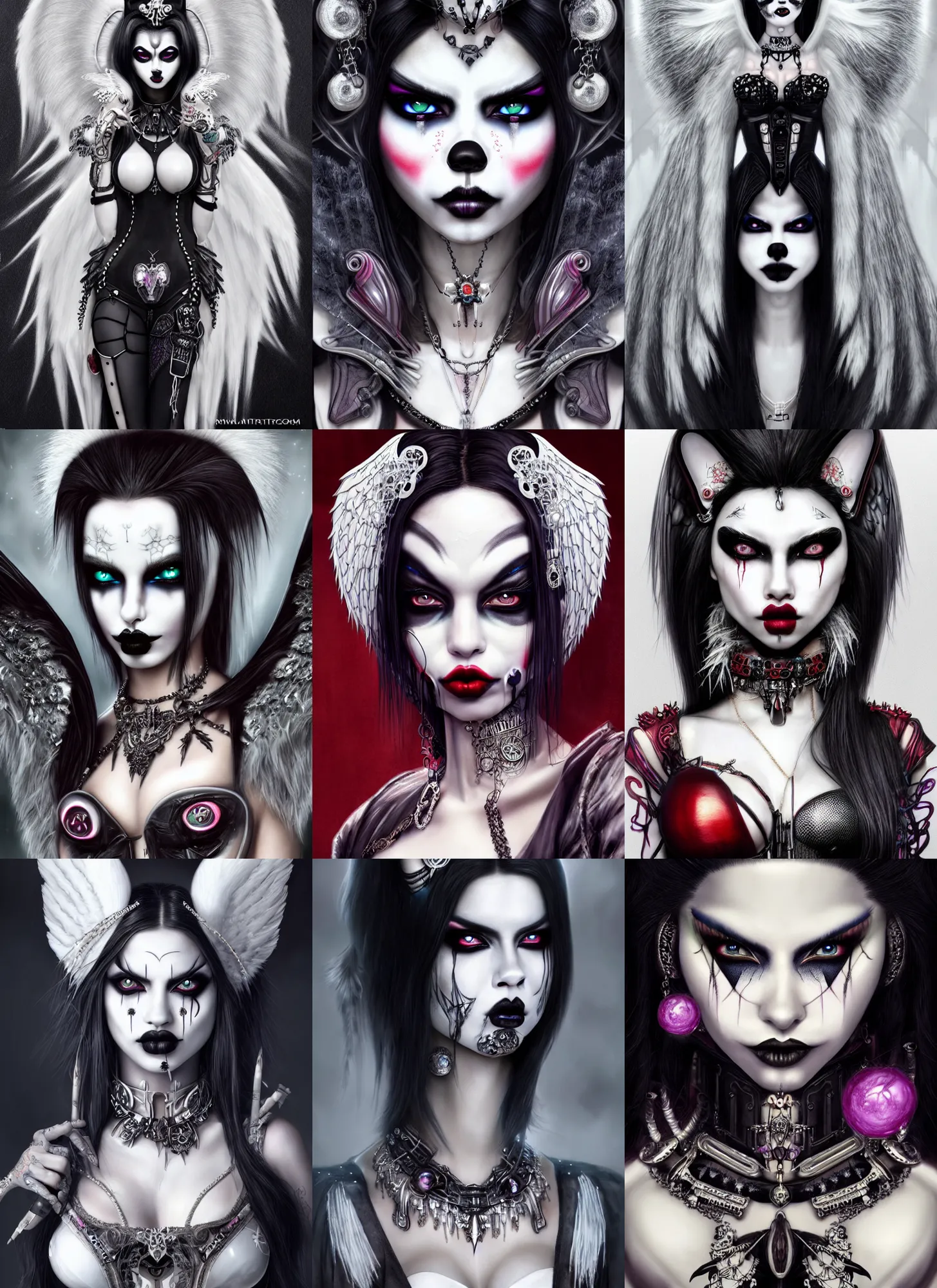 Prompt: ultra realistic, beautiful white porcelain clowncore goth emo mettalic raccoon angel adriana lima cyborg woman with elaborate jewelry, sci - fi, fantasy, cyberpunk, intricate, elegant, highly detailed, digital painting, ever after high, octane render, artstation, concept art, smooth, sharp focus, illustration, art by artgerm and loish