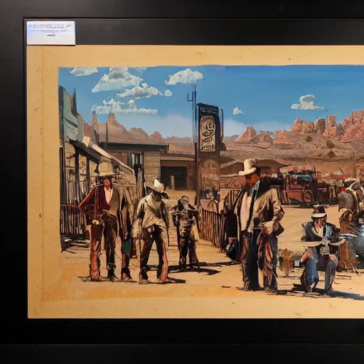 Image similar to detailed details photorealistic historical image of a wild west shootout in the town of tombstone in the style of bob peak and alex ross and moebius and jean giraud and artgerm, gouache and wash paints color and banksy, detailed details facial and body and human and environments and proportionate, detailed 5 k details.