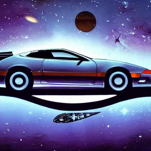 Image similar to futuristic Nissan 300zx, outer space backdrop, exquisitely painted, intricate detail, science and magic,
