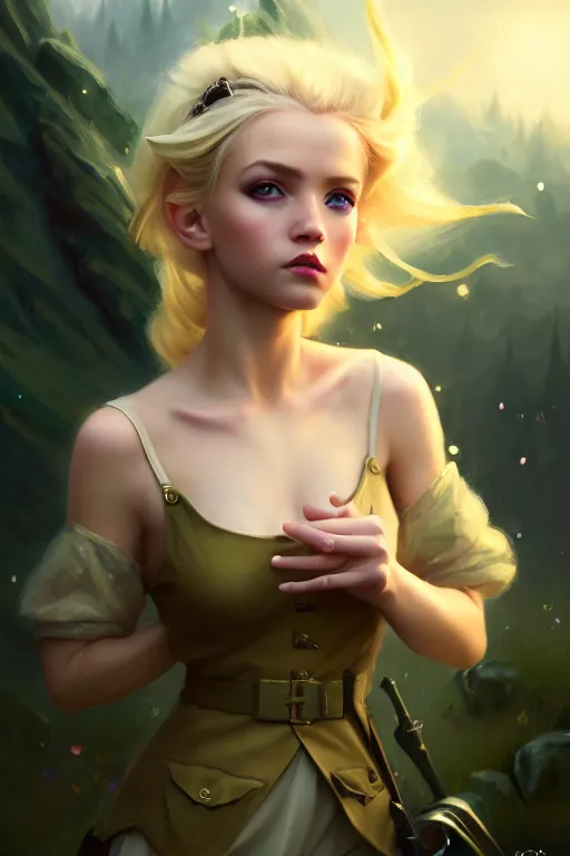 Image similar to cinematic shot of an epic portrait of a cute blonde fairy dressed in military clothes, stylised military clothes, shiny skin, beautiful eyes, beautiful, small details, night setting, realistic poster with volumetric light from craig mallism, artgerm, jeremy lipkin and michael garmash, unreal engine, radiant light, digital art, trends at art station, a masterpiece